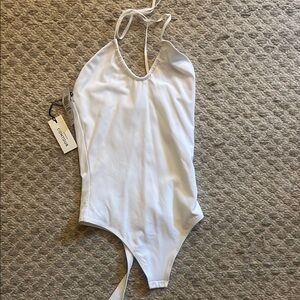 Aritzia Babaton Contour White Halter Neck Bodysuit